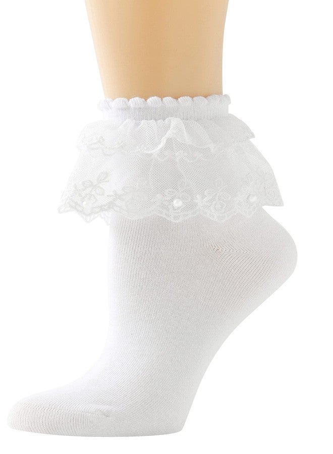 AMHRLINGTO Lace Ruffle Frilly Ankle Socks for Women - Pearl Lace Socks (White-1 Pairs) - Image 1